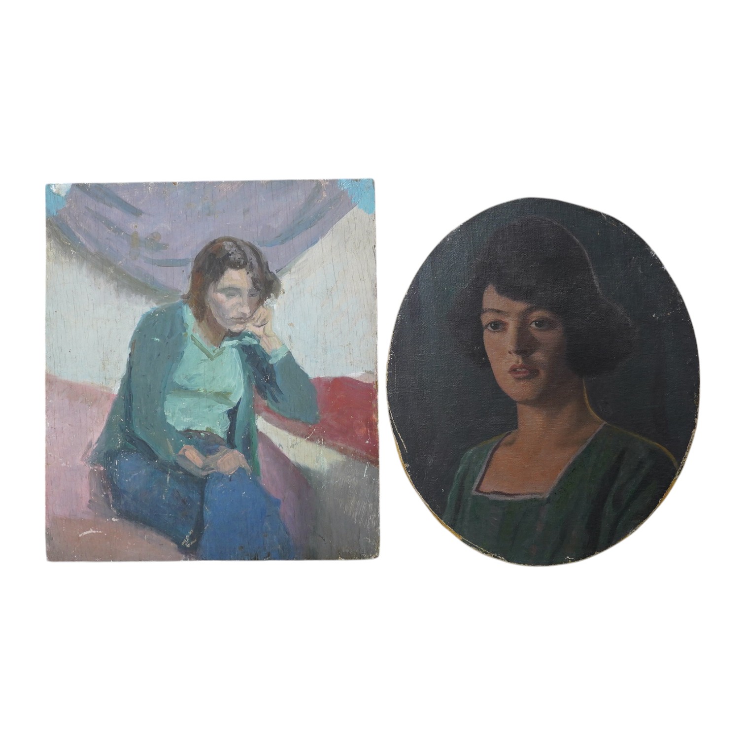 Two 20th century portraits, comprising William J MacLeod, Portrait of Norna King, 1922 and J M Halliday, Portrait of a seated woman, largest 32 x 28cm, each unframed. Condition - poor to fair